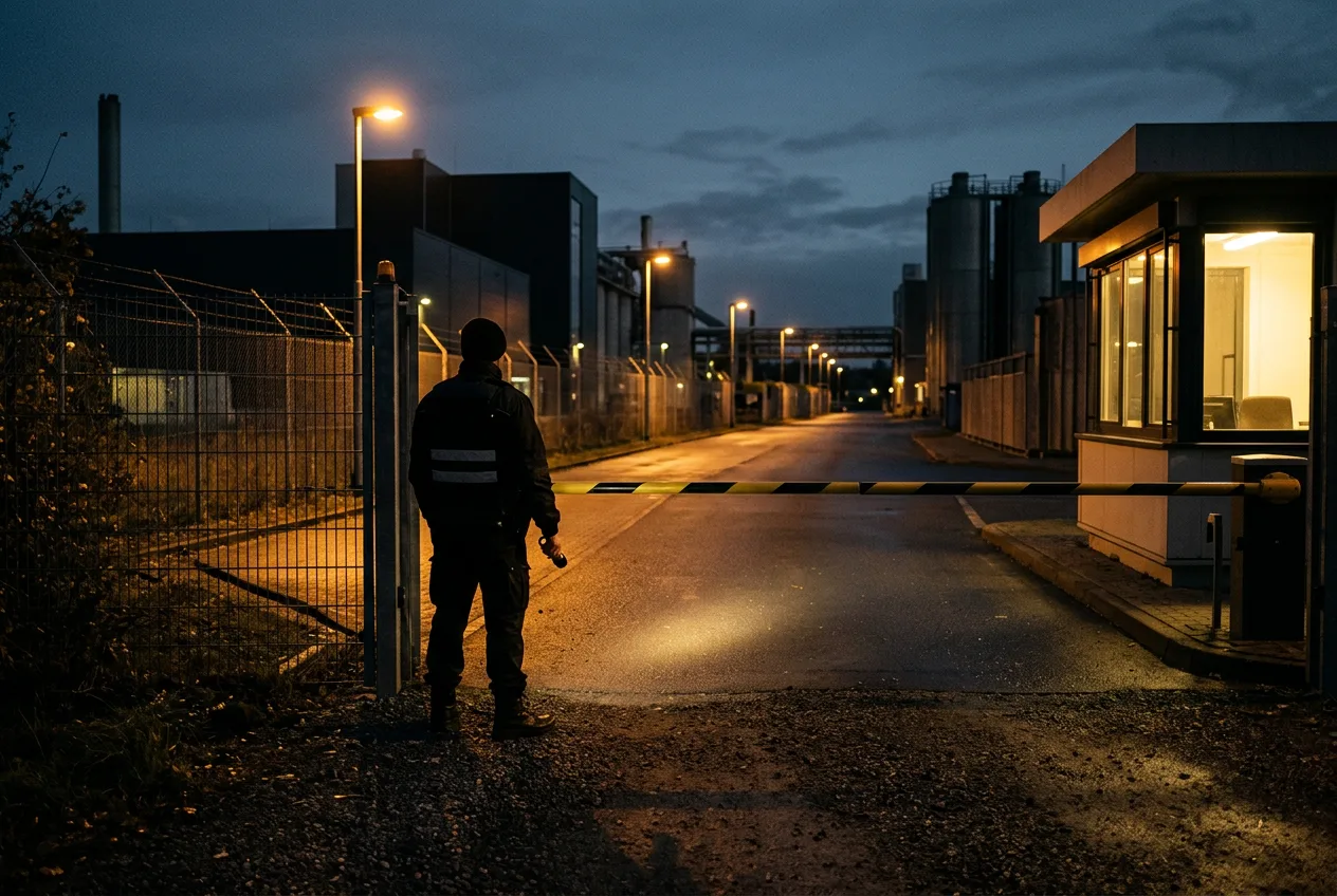 Symbolbild: Werkschutz-Kraft an einem gesicherten Werkstor bei Dämmerung