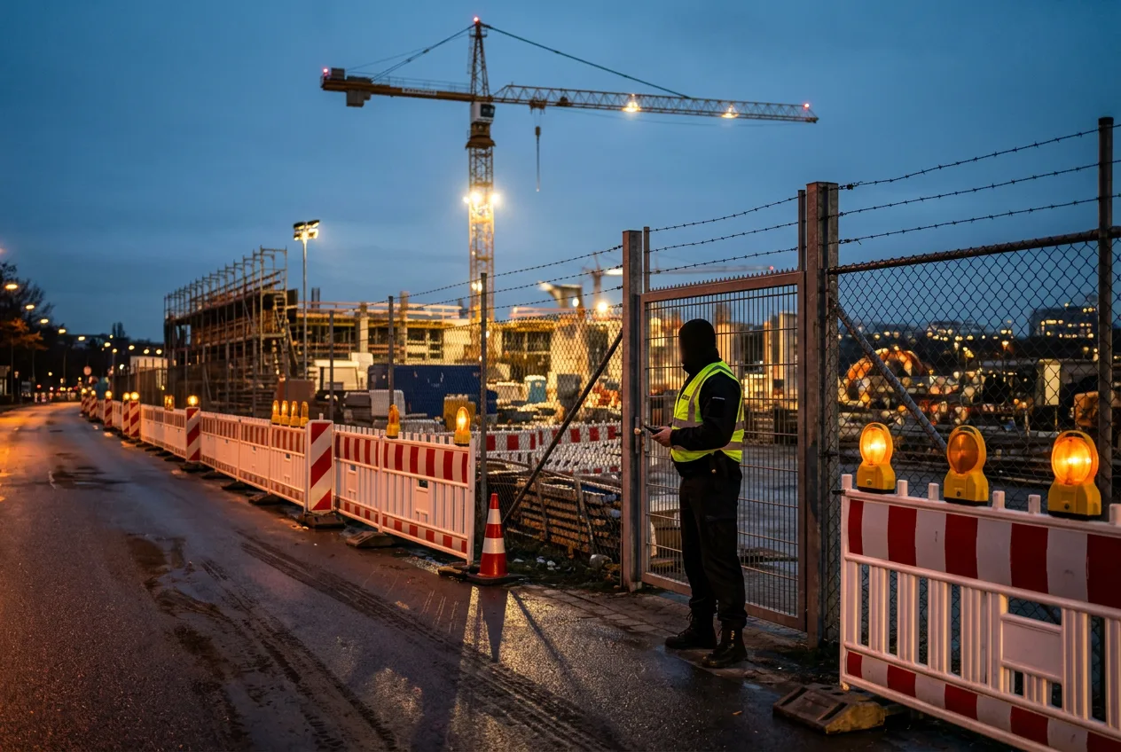 Symbolbild: Sicherheitskraft bewacht eine abgesperrte Baustelle